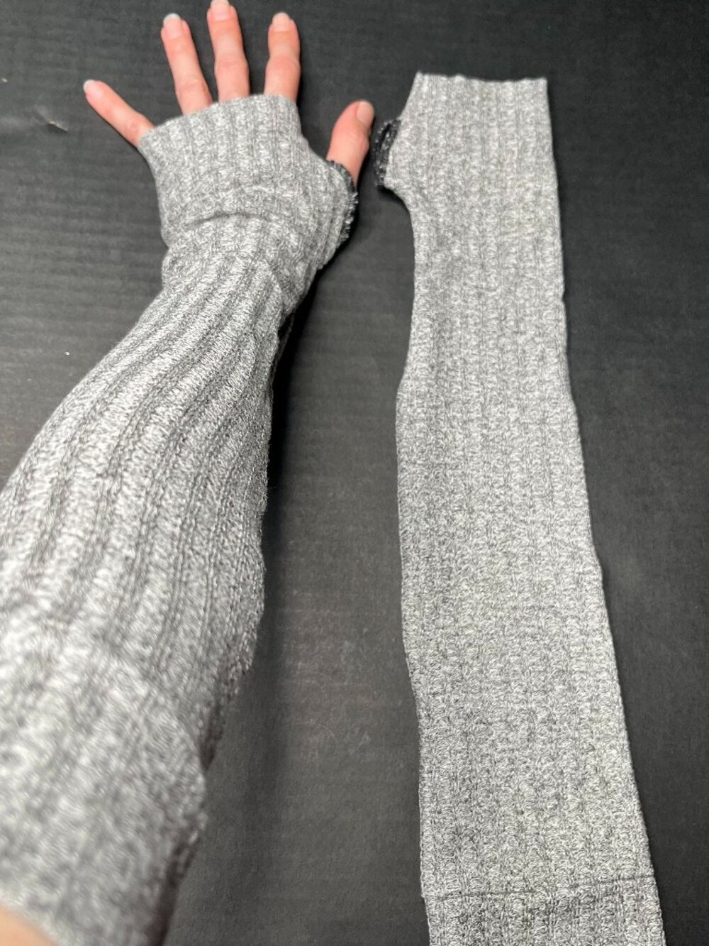 Sweater Fingerless Gloves Gray Knit Arm Warmers Over the Elbow Ribbed Soft Light